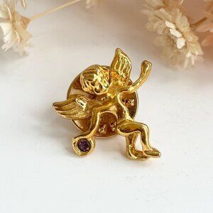 Teeny Tiny Cherub Gold T Purple Rhinestone Angel Figural Vintage Religious Pin